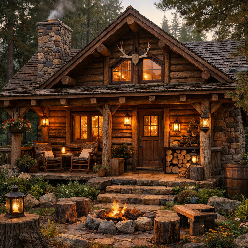 Detailed view of a wooden forest cabin exterior