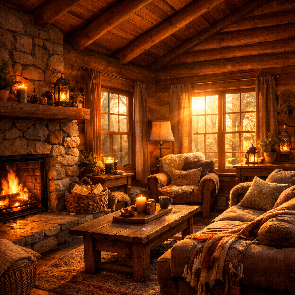 Cozy warm cabin interior with sunlight streaming through windows