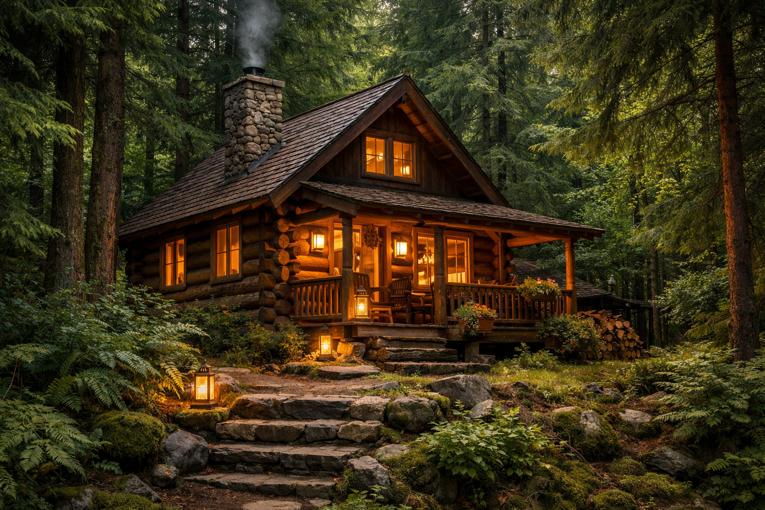 Cozy wooden forest cabin surrounded by trees