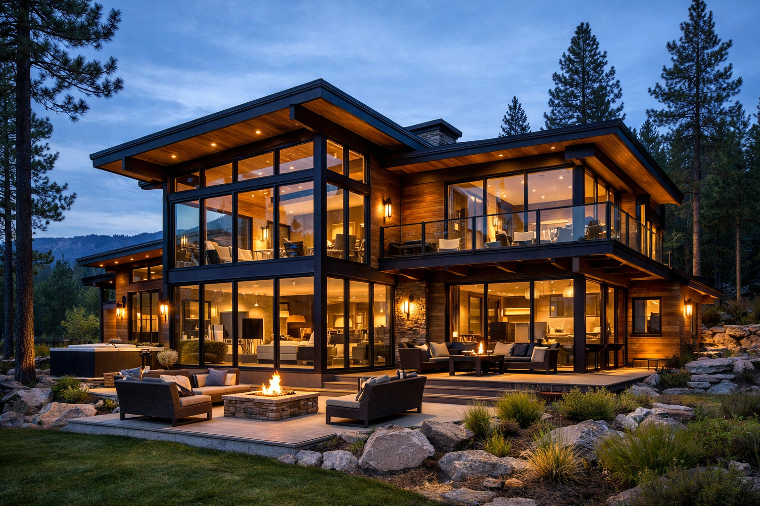 Modern family wooden cabin with large glass windows