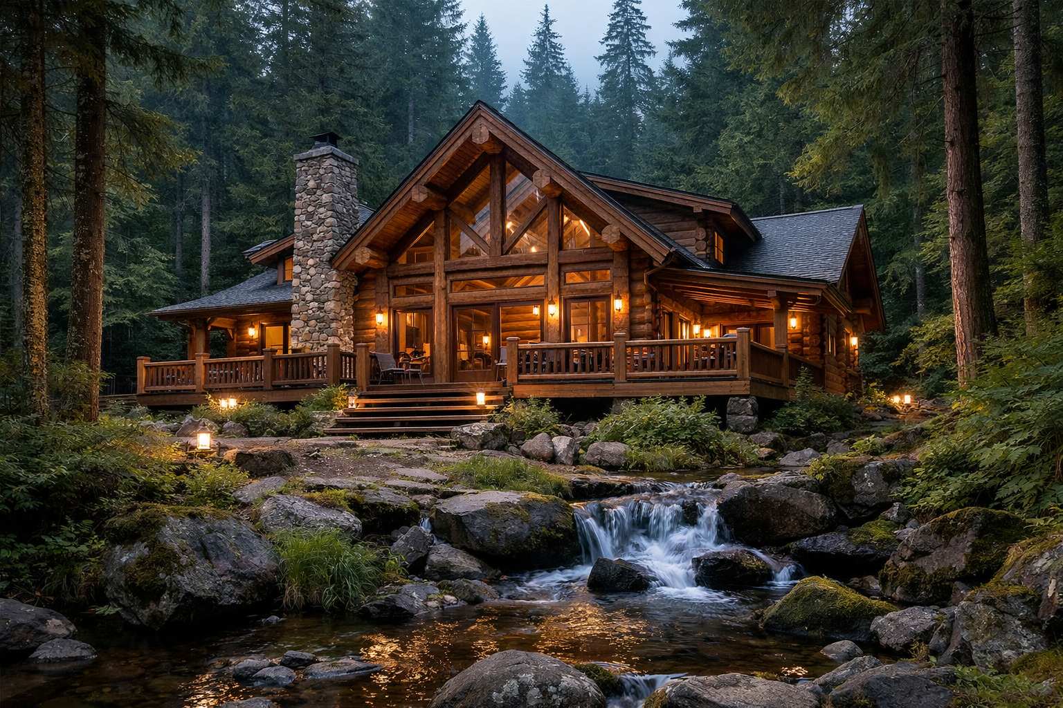 Large wooden cabin located deep inside a peaceful forest