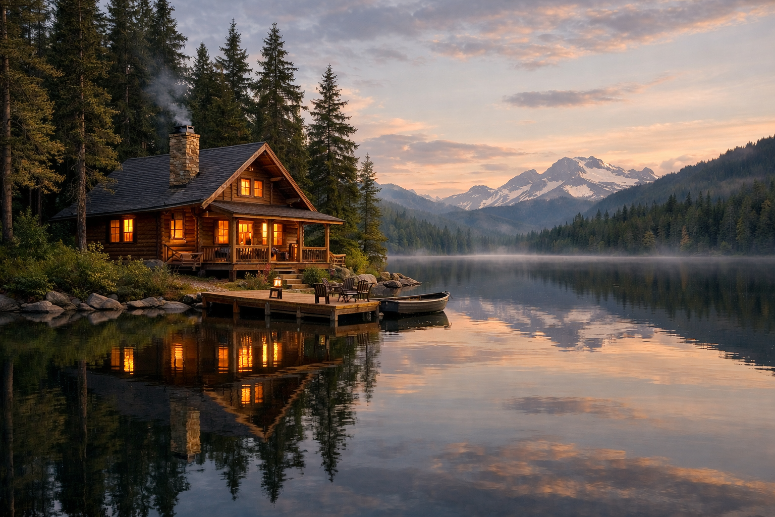 Serene lake cabin sitting peacefully by calm waters